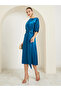 Blue Satin Sheath Midi Dress with Belt