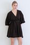 Bitter Brown Double Breasted Collar Gathered Waist Linen Dress Alc-X13746 - 7