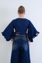 Navy Blue V-Neck Tie-Detail Ruffled Sleeves Linen Blouse Alc-X15332 - 6