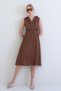 Brown Buttoned Linen Woven Dress with Ruffle Detail on the Front and Belt Alc-X15330 - 2