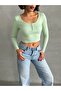 Women's Mint Round Neck Snap Collar Ribbed Knit Long Sleeve Crop Blouse