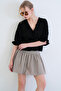 Black V-Neck Three-Quarter Sleeve Elastic Ruffle Fabric Blouse Alc-X15414 - 4
