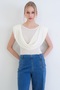 Ecru Crew Neck Padded Transparent Knitted Blouse with Shawl Detail on the Front Alc-X15334 - 4