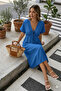 Women's Solid Color Aerobin Fabric Summer V-Neck Short Sleeve Elastic Waist Below Knee Dress 10C-2379 - 2