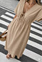 Women's Solid Color Aerobin Fabric Summer V-Neck Short Sleeve Elastic Waist Below Knee Dress 10C-2383