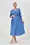 Maternity V-Neck Buttoned Half Sleeve Mid Length Linen Dress Blue - 6
