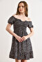 Women's Black Gipe Detailed Mini Woven Viscose Dress Elb-19002606 - 5