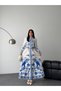 Women's White-Blue Atlas Fabric Mock Neck Belt Pack Maxi Dress Jen2646 - 2