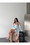 Women's Baby Blue Atlas Fabric Shirt Collar Buttons Belt Piece Maxi Dress Jen2627 - 3