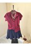 Burgundy Shirt Collar Stretchy Knitted Blouse - 2