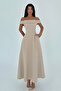 Beige Creil Strapped Double Fabric Long Dress TNS-4423