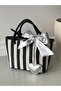 Black Striped Linen Women's Heart Charm Hand and Shoulder Bag - 8