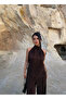Brown Backless Low-Cut Corded Fabric Set - 7