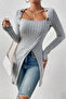 Women's Elegant Touch Gray Button Detailed Square Neck Ribbed Asymmetrical Hem Long Sleeve Blouse