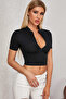 Women's Elegant Touch Black Half Zipper and Short Sleeve Crop Top Blouse - 2