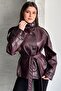 Women's Double-Breasted Button Burgundy Leather Jacket - Belt Pack Mock Neck Short Trench Jacket - 2