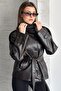 Women's Double-Breasted Button Brown Leather Jacket - Belt Pack Mock Neck Short Trench Jacket - 3