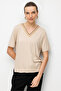 Women's V-Neck Collar Two-Color Embroidered Stone-Embellished Combed Cotton T-Shirt Beige