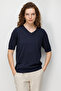 Women's V-Neck Lace-Like Knit Short Sleeve Fine Knit Blouse Dark Blue
