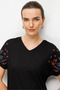 Women's V-Neck Embroidered Low-Sleeve Combed Cotton T-Shirt Black - 2
