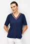 Women's V-Neck Collar Two-Color Embroidered Stone Combed Cotton T-Shirt Navy Blue