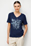 Women's V-Neck Front Sequin Embroidered Combed Cotton T-Shirt Navy Blue