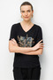 Women's V-Neck Front Sequin Embroidered Combed Cotton T-Shirt Black - 2