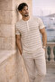 Kristof Piqué Fabric Regular Fit Buttoned Collar Self Striped T-Shirt - Ecru - 4