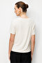 Women's V-Neck Front Sequin Embroidered Combed Cotton T-Shirt Beige - 5