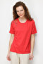 Women's Crew Neck One-Shoulder Embroidered Combed Cotton T-Shirt Coral - 3