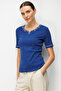 Women's Crew Neck and Sleeve Embroidered P Cotton U Combed Cotton T-Shirt Navy Blue