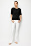 Women's Crew Neck Blouse Striped with Side Buttons Fine Knit Black - 5