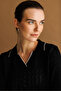 Women's Polo Collar Lace-Like Knit Fine Knit Blouse Black - 2