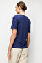 Women's Open Collar Floral Embroidered Combed Cotton T-Shirt Navy Blue - 4