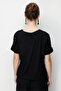 Women's Crew Neck Low Sleeve Combed Cotton T-Shirt with Stones on the Front in Black - 4