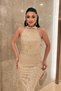 Full Beaded Fabric Halter Neck Tie-Detail Evening Dress - Gold - 4