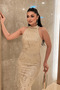 Full Beaded Fabric Halter Neck Tie-Detail Evening Dress - Gold - 3
