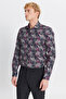 Men's Black Red 100% Cotton Slim Fit Slim Fit Large Italian Collar B Printed Shirt