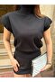 Women's Beige Half Turtleneck Knitwear Blouse Short Sleeve Stylish