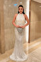 Full Beaded Fabric Halter Neck Tie-Detail Evening Dress - White