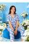 Blue Color White Flower Pattern Milan Fabric Shirt Collar Buttons Spring Women's Pajamas Set