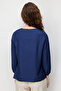 Women's V-Neck Ethnic Embroidered Long Sleeve Blouse Navy Blue - 4