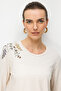 Women's Crew Neck Embroidered Combed Cotton Blouse Beige - 2
