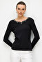 Women's Crew Neck Collar and Sleeves Embroidered P Cotton U Combed Cotton Blouse Black