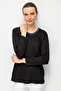 Women's Crew Neck Collar Chain Trim Combed Cotton Blouse Black