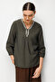 Women's V-Neck Ethnic Embroidered Long Sleeve Blouse Khaki - 2