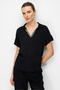 Women's Embroidered Collar Low-Sleeve Combed Cotton Blouse Black - 4