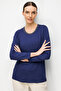 Women's Round Neck Collar Chain Trim Combed Cotton Blouse Navy Blue - 4