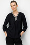 Women's V-Neck Ethnic Embroidered Long Sleeve Blouse Black