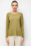 Women's Crew Neck Two-Color Embroidered Stone-Embellished Combed Cotton Blouse Khaki - 5